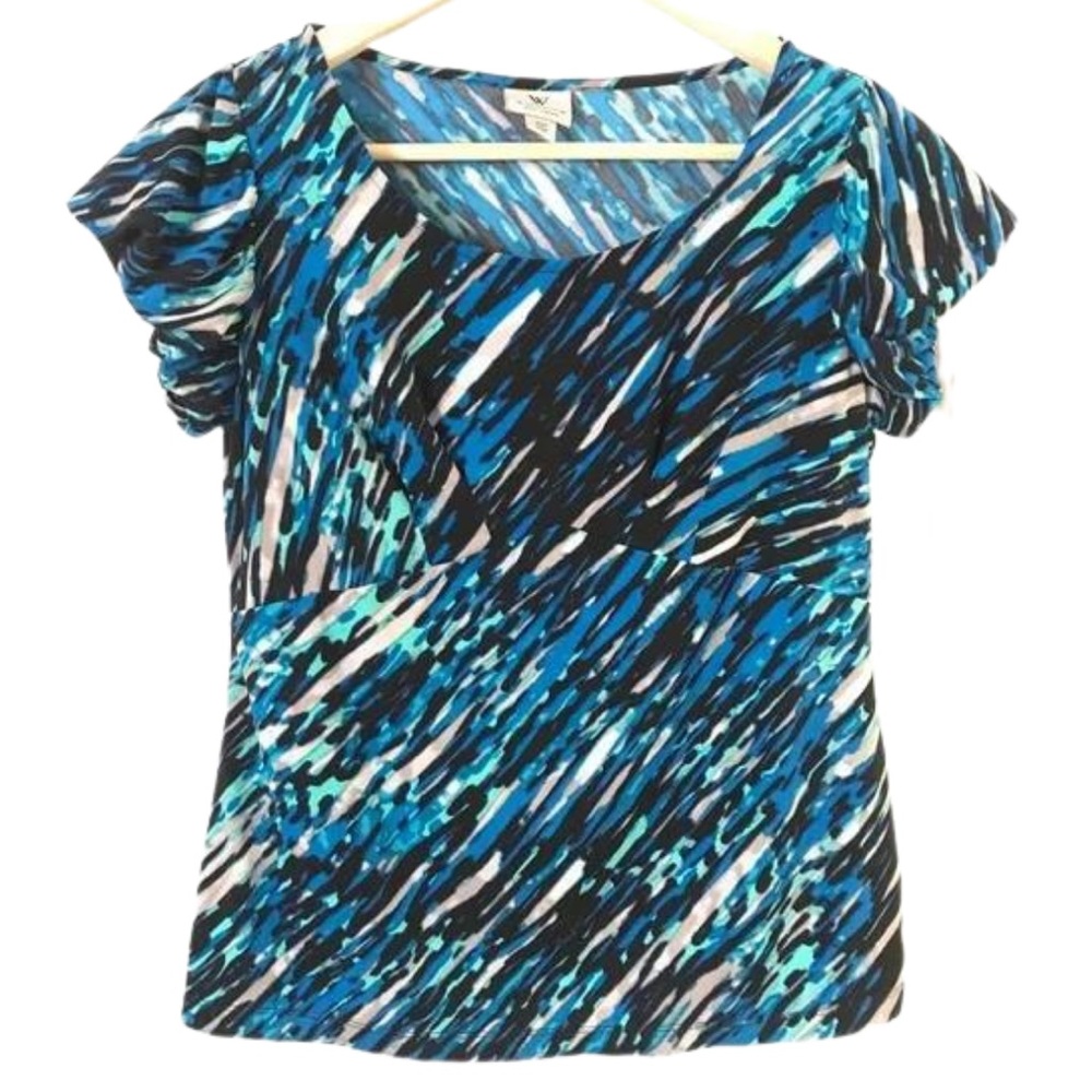 Worthington Blue Gray Black Teal Puff Short Sleeve Blouse